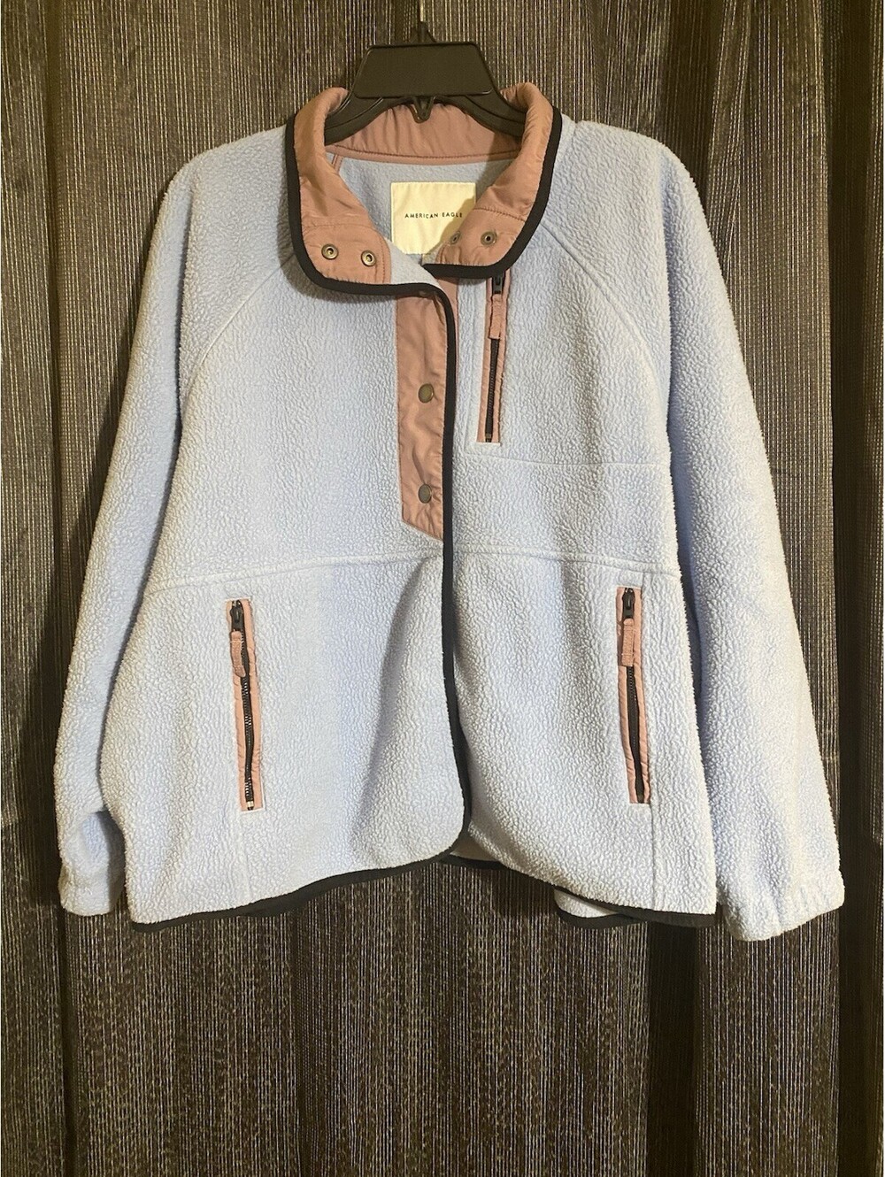 American Eagle Women's Size Large Light Blue Sherpa Fleece Snap-Up Jacket